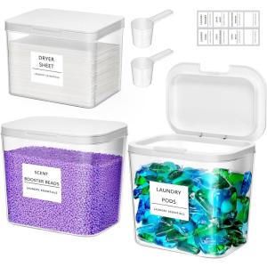 Lifewit 5+1 Laundry Pods Container & Dryer Sheet Holder, Large Powder Detergent Dispenser Storage Jars, Laundry Room Containers for Scent Booster Beads with Pop up Lids, Labels and Scoop(3)