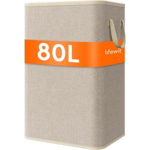 Lifewit 80L Large Tall Laundry Hamper, Collapsible Laundry Basket with Handles, Foldable Clothes Hampers for Laundry, Portable Dirty Clothes Hamper for Dorm College Bedroom Bathroom, Light Gray(Beige)