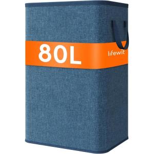 Lifewit 80L Large Tall Laundry Hamper, Collapsible Laundry Basket with Handles, Foldable Clothes Hampers for Laundry, Portable Dirty Clothes Hamper for Dorm College Bedroom Bathroom, Light Gray(Dark Blue)