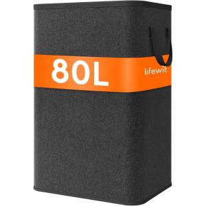Lifewit 80L Large Tall Laundry Hamper, Collapsible Laundry Basket with Handles, Foldable Clothes Hampers for Laundry, Portable Dirty Clothes Hamper for Dorm College Bedroom Bathroom, Light Gray(Black)