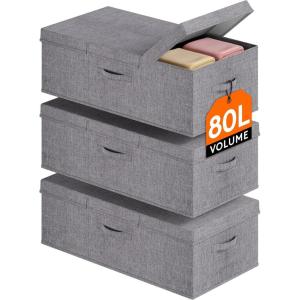 Lifewit 80L Under Bed Storage Containers, 9.8 Inch Tall Underbed Clothes Storage Organizer Bin with Sturdy Sidewalls, Bottom, 3 Lids, Deep Storage Drawer for Clothes, Shoes, Blankets, Pillows 2 Pack(3)