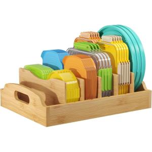 Lifewit Bamboo Lid Organizers for Inside Cabinet, Food Storage Container Lid Holder with 4 adjustable Inserts & 5 Compartments, Lid Storage for Kitchen Pantry Organization, 10.6″ X 8.3″(Large(13.2″ x 10″))