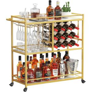 Lifewit Bar Cart for The Home, 3 Tier Drink Cart with Lockable Wheels, 12 Wine Rack and 3 Rows Glass Holders, Liquor Serving Cart for Livingroom, 80 x 33.2 x 86 cm/31.6 x 13.1 x 33.9 inch Gold(Gold)