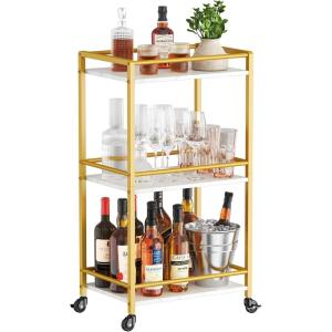 Lifewit Bar Cart for The Home, 3 Tier Rolling Wine Cart, Drink Serving Cart with Lockable Wheels, Mini Liquor Utility Cart for Dining Living Room, 43 x 30 x 81.5 cm/17x 11.8 x 32.1 inch, Gold(Gold)