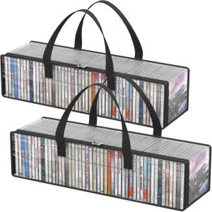 Lifewit CD Storage Bags, Clear PVC Plastic CD Case Holder with Handles, Front Window Zipper Design, Stackable Media Organizer Box for Albums, Hold up to 100 Pcs CDs (50 Each), 2 Pack(2)