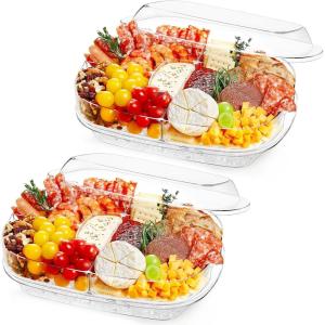 Lifewit Chilled Serving Tray for Parties, 15” Divided Shrimp Cocktail Serving Dish with Lid, Plastic Taco Bar Platter, Ice Serving Bowl for Veggie, Fruit, Salad, Mimosa Bar Supplies in Party/Buffet(2)