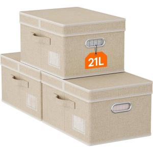 Lifewit Clothes Storage Bins with Lids, Fabric Foldable Storage Boxes with Handles, Decorative Closet Organizer, Stackable Cube Baskets Container for Bedroom, Office, 34.5L Large Beige, 2 Packs(3)