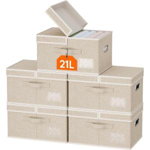 Lifewit Clothes Storage Bins with Lids, Fabric Foldable Storage Boxes with Handles, Decorative Closet Organizer, Stackable Cube Baskets Container for Bedroom, Office, 34.5L Large Beige, 2 Packs(5)