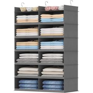 Lifewit Dual-Row Shelf Hanging Closet Organizer and Storage, Clothes Shelves with 3 Sturdy Hooks for Clothing Organization, Foldable Container Hold Up to 36 Sweaters, 6 Tier 12 Sections, Gray(Grey)