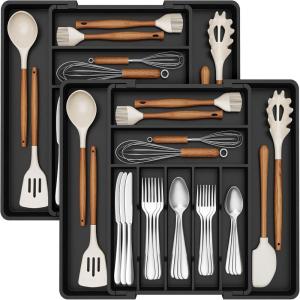 Lifewit Expandable Silverware Drawer Organizer, 16.7 inches Deep Adjustable Utensil Cutlery Tray for kitchen, Plastic Flatware Spoon Fork Knives Holder Storage Divider, 7 Compartment, 2 Pack, Gray(Black)