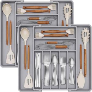 Lifewit Expandable Silverware Drawer Organizer, 16.7 inches Deep Adjustable Utensil Cutlery Tray for kitchen, Plastic Flatware Spoon Fork Knives Holder Storage Divider, 7 Compartment, 2 Pack, Gray(Gray)