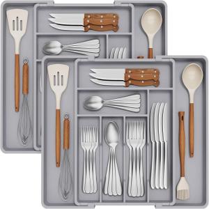 Lifewit Expandable Silverware Drawer Organizer, Adjustable Utensil Cutlery Tray for kitchen, Plastic Flatware Spoon Fork Knives Holder Storage Divider, 2 Pack, Gray(Gray)