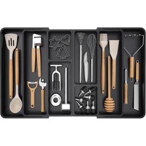 Lifewit Expandable Utensil Organizer for Kitchen Drawer, Adjustable Cooking Silverware Tray, Plastic Cutlery Flatware Holder, Spatula Tools Gadgets Storage Divider, 21-36 x 16, Bamboo, Natural(Black)