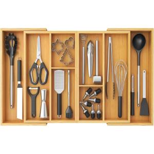 Lifewit Expandable Utensil Organizer for Kitchen Drawer, Adjustable Cooking Silverware Tray, Plastic Cutlery Flatware Holder, Spatula Tools Gadgets Storage Divider, 21-36 x 16, Bamboo, Natural(Natural)
