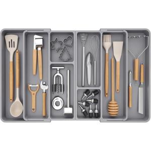 Lifewit Expandable Utensil Organizer for Kitchen Drawer, Adjustable Cooking Silverware Tray, Plastic Cutlery Flatware Holder, Spatula Tools Gadgets Storage Divider, 21-36 x 16, Bamboo, Natural(Gray)