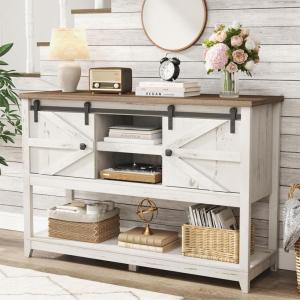 Lifewit Farmhouse Entryway Console Table, Adjustable Shelf, Sliding Barn Doors, Hallway Table with Bottom Open Shelf, for Entrance, Living Room, Foyer, Hold 130lbs, Rustic White, 47″ x 15.7″ x 32″