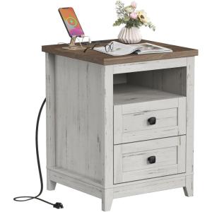 Lifewit Farmhouse Nightstand with Power Outlets and USB Ports, Bedside Table with 2 Drawers and 1 Open Storage Space, End Table for Bedroom, Hold 100lbs, Rustic White