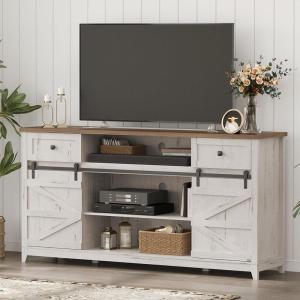 Lifewit Farmhouse TV Stand for up to 65″ TV, Entertainment Center with Ajustable Shelves, Sliding Barn Door and Open Storage Spaces, TV Console for Living Room, Bedroom, Hold 300lbs, Rustic White(Up to 75″ TV)