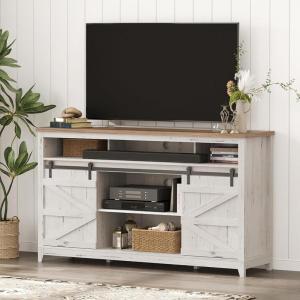 Lifewit Farmhouse TV Stand for up to 65″ TV, Entertainment Center with Ajustable Shelves, Sliding Barn Door and Open Storage Spaces, TV Console for Living Room, Bedroom, Hold 300lbs, Rustic White(Up to 65″ TV)