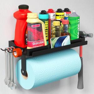 Lifewit Garage Paper Towel Holder with Shelf, Shop Towel Holder, Wall Mount Tool Rack with 4 Hooks&Phone Stand, Stick on Adhesive (Hold 19lbs) or Screws(44lbs) for Clean Station/Craft Room,1Pack,Black(1)