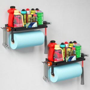Lifewit Garage Paper Towel Holder with Shelf, Shop Towel Holder, Wall Mount Tool Rack with 4 Hooks&Phone Stand, Stick on Adhesive (Hold 19lbs) or Screws(44lbs) for Clean Station/Craft Room,1Pack,Black(2)
