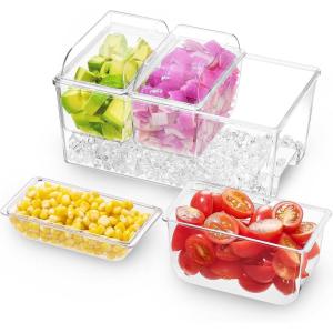 Lifewit Ice Chilled Condiment Caddy with 3 Containers(2.5 cup), Condiment Server with Separate Lids, Serving Tray Platter with Removable Dishes for Bar Accessories, Fruit, Salad, Taco, Party Garnish