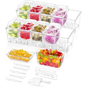 Lifewit Ice Chilled Condiment Caddy with 4 Containers(2.5 cup), Condiment Server with Separate Lids, Serving Tray Platter with Removable Dishes for Bar Accessories, Fruit, Salad, Taco, Party Garnish(with Accessories)