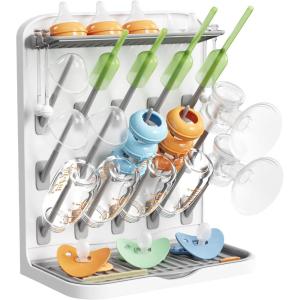 Lifewit Large Baby Bottle Drying Rack with Drain Mat, 15 Hooks Vertical Rack Dryer with Removable Pacifiers Box, Drip Tray, Space Saving Countertop Holder Organizer for Weighted Straws, Pump Parts(without Drain Mat)