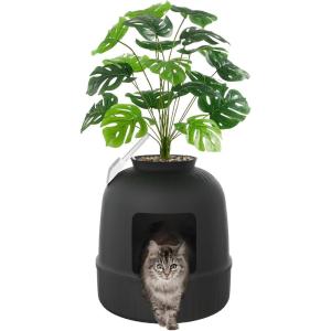 Lifewit Litter Box Cat with Faux Plant & Scoop, Hidden Enclosure Litter Tray with Odor Control & Carbon Filter in Living Room, Bedroom, Corner, Black(Black)
