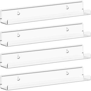 Lifewit Narrow Floating Shelves for Vinyl Record 6 Pack, 12″ Clear Wall Shelves for Nail Polish/Book/Picture/Makeup, Acrylic Wall Mount Display Shelf Organizer for Bedroom, Living Room, Bathroom Decor(Clear)