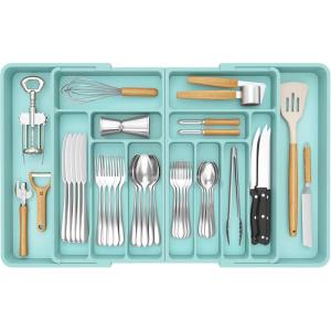Lifewit Silverware Drawer Organizer, Expandable BPA Free Plastic Utensil Tray for Kitchen, Adjustable Flatware Cutlery Holder for Spoons Forks Knives, 21.3-36 x 16.9, Black(Turquoise)