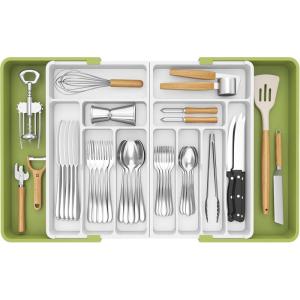 Lifewit Silverware Drawer Organizer, Expandable BPA Free Plastic Utensil Tray for Kitchen, Adjustable Flatware Cutlery Holder for Spoons Forks Knives, 21.3-36 x 16.9, Black(Green&White)