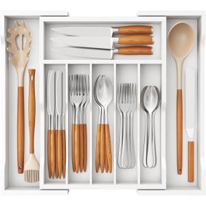 Lifewit Silverware Drawer Organizer, Expandable Utensil Tray for Kitchen, Bamboo Flatware and Cutlery Holder, Wood Adjustable Storage for Spoons Forks Knives, 13-22×15/ 33-56x38cm, Natural and Black(White)
