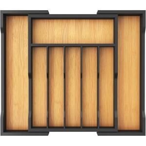 Lifewit Silverware Drawer Organizer, Expandable Utensil Tray for Kitchen, Bamboo Flatware and Cutlery Holder, Wood Adjustable Storage for Spoons Forks Knives, 13-22×15/ 33-56x38cm, Natural and Black(Natural & Black)