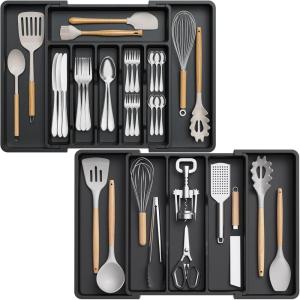 Lifewit Silverware Drawer Organizer and Utensil Organizer Set, Expandable Cooking Cutlery Tray for Kitchen, Adjustable Plastic Flatware Holder Storage Divider for Spoons Forks Knives, Large, Black(Black)