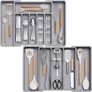 Lifewit Silverware Drawer Organizer and Utensil Organizer Set, Expandable Cooking Cutlery Tray for Kitchen, Adjustable Plastic Flatware Holder Storage Divider for Spoons Forks Knives, Large, Black(Gray)