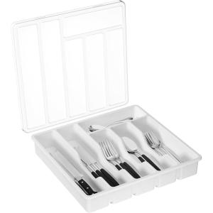 Lifewit Silverware Organizer with Lid, Covered Utensil Tray for Kitchen Drawer and Countertop, Plastic Cutlery and Flatware Storage Box for Spoons Forks Knives Holder Case, 23 x 32 cm, Gray(White)