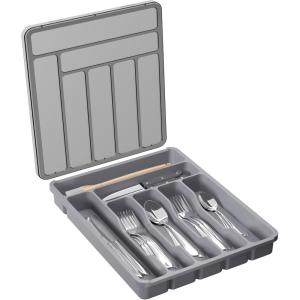 Lifewit Silverware Organizer with Lid, Covered Utensil Tray for Kitchen Drawer and Countertop, Plastic Cutlery and Flatware Storage Box for Spoons Forks Knives Holder Case, 23 x 32 cm, Gray(Gray)