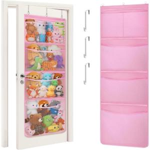 Lifewit Stuffed Animal Storage, Over the Door Organizer with 5 Expandable Mesh Pockets, Breathable Oxford Fabric Hanging Kid Baby Plush Toy Holder for Nursery, 167 cm (65.8”) High, White, 1 Pack(Pink)