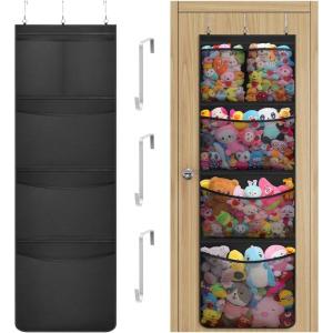 Lifewit Stuffed Animal Storage, Over the Door Organizer with 5 Expandable Mesh Pockets, Breathable Oxford Fabric Hanging Kid Baby Plush Toy Holder for Nursery, 167 cm (65.8”) High, White, 1 Pack(Black)