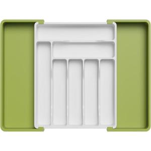 Lifewit Utensil Organizer for Kitchen Drawer, Expandable Cooking Silverware Tray, Adjustable Cutlery Flatware Holder, Plastic Spatula Tools Storage Divider, 13-22.4 x 15, Black(Green&White)
