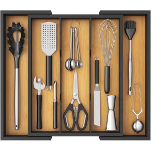 Lifewit Utensil Organizer for Kitchen Drawer, Expandable Cooking Utensil Tray, Bamboo Cutlery Silverware Flatware Holder, Adjustable Spatula Tools Storage Divider, 33 -56x38cm, Natural and Black(Natural & Black)