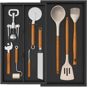 Lifewit Utensil Organizer for Kitchen Drawer, Expandable Cooking Utensil Tray, Bamboo Cutlery Silverware Flatware Holder, Adjustable Spatula Tools Storage Divider, 33 -56x38cm, Natural and Black(Black)