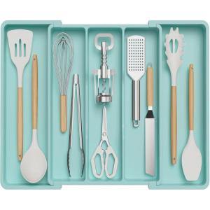 Lifewit Utensil Organizer for Kitchen Drawers, Expandable Cooking Utensil Tray, Adjustable Cutlery Silverware Flatware Holder, Plastic Spatula Tools Storage Divider, 13-22 x 15, Black(Turquoise)