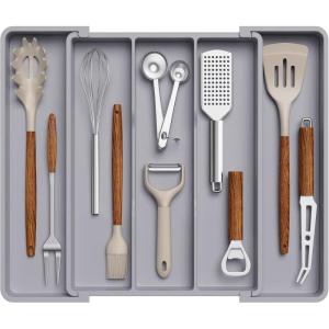 Lifewit Utensil Organizer for Kitchen Drawers, Expandable Cooking Utensil Tray, Adjustable Cutlery Silverware Flatware Holder, Plastic Spatula Tools Storage Divider, 13-22 x 15, Black(Gray)