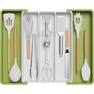 Lifewit Utensil Organizer for Kitchen Drawers, Expandable Cooking Utensil Tray, Adjustable Cutlery Silverware Flatware Holder, Plastic Spatula Tools Storage Divider, 13-22 x 15, Black(Green&White)