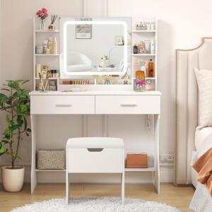 Lifewit Vanity with Mirror and Bulbs Lights, Adjustable Color/Brightness, 2 Power Outlets/ 2 USB Ports, White Makeup Desk with Storage Stool, 8 Open Shelves, 2 Drawers, 68lbs Weight, Bottom Shelf(LED Light Mirror)