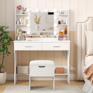 Lifewit Vanity with Mirror and Bulbs Lights, Adjustable Color/Brightness, 2 Power Outlets/ 2 USB Ports, White Makeup Desk with Storage Stool, 8 Open Shelves, 2 Drawers, 68lbs Weight, Bottom Shelf(Bulbs Light Mirror)