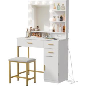 Lifewit Vanity with Mirror and Light,2 Power Outlets and 2 USB Ports, Adjustable Color/Brightness, Makeup Desk with 4 Drawers and Stool for Bedroom, Bathroom, Makeup Room, 74lbs Weight, White