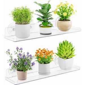 Lifewit Window Plant Floating Shelves 14.6 x 3.6 inch, 2 Pack Acrylic Suction Cup Shelf, Window Sill Extender for Indoor Succulent Plants, Micro Greens, Seed Starter Pots, Herb Planters(2)